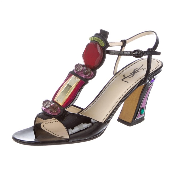 Yves Saint Laurent Patent Leather Crystal Embellishments T-Strap Sandals - Picture 4 of 8